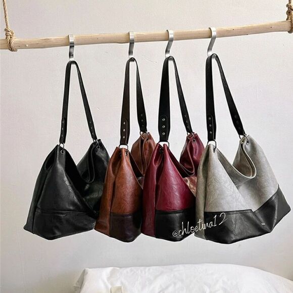 New Hobo Handbags for Women Vegan Leather Contrast Colors Top Handle Satchel Bag - Picture 2 of 16